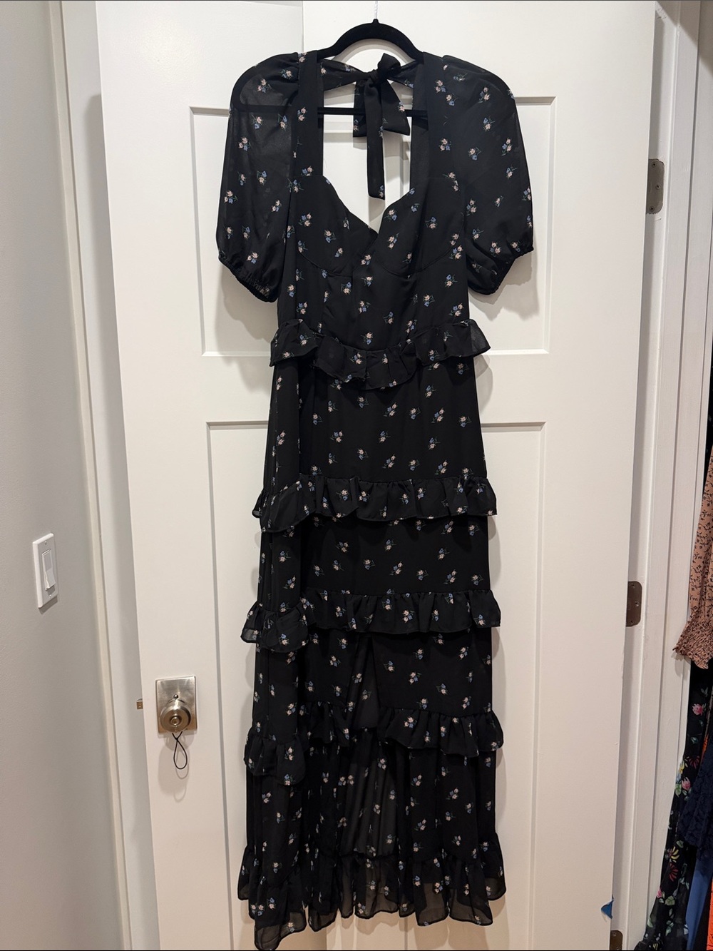 NWT Wayf Black Floral Ruffle Maxi Dress with Tie Neck